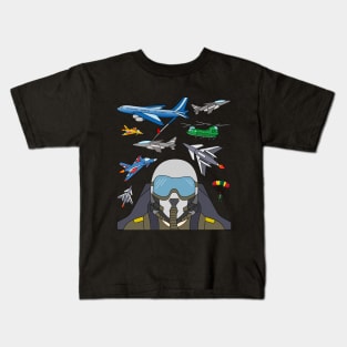 Jet Fighter Pilot with Military Planes and Helicopter Kids T-Shirt